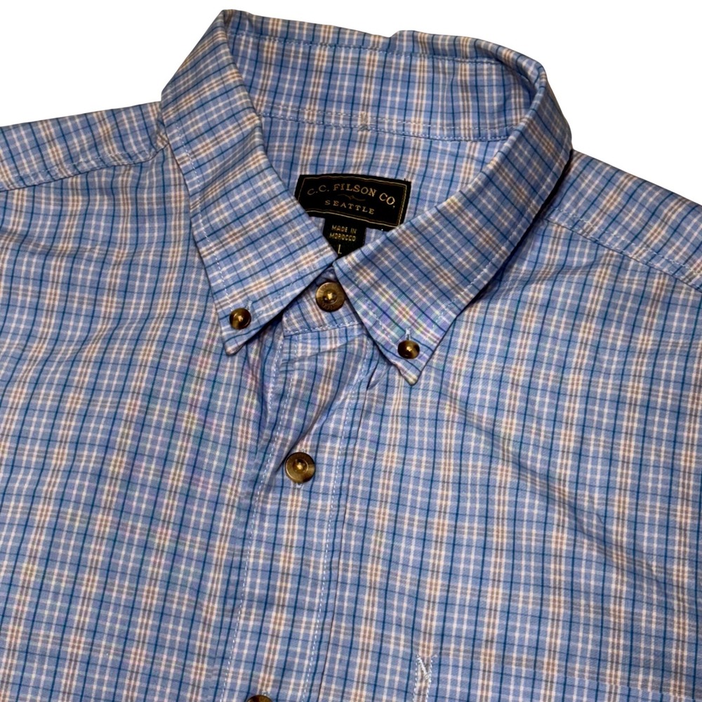 Filson Mens Blue Plaid Short Sleeve Button Down‎ Shirt Cotton 12068 PB Large